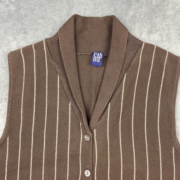 Vintage Gap Sweater Womens Sz M Brown Striped Vest Cardigan Shawl Collar 90s Y2K - Picture 4 of 8